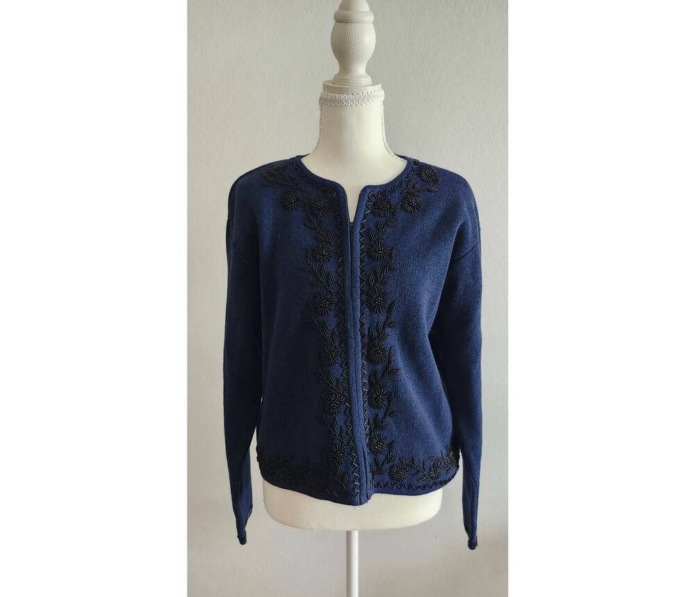 Vintage Lizwear Beaded Floral Zip Cardigan Sweater Women's Medium 100% Cotton